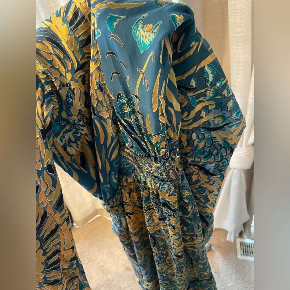 White House Black Market burnout smocked dress Teal and Gold Long Sleeve Dress - Picture 6 of 15